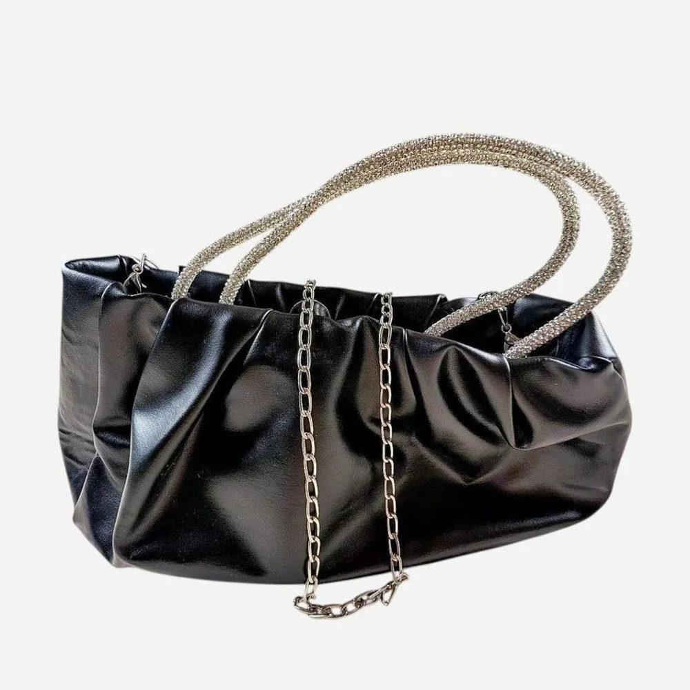Black Faux Leather Handbag Silver Chain Strap‎ Rhinestone Handles Glamour Party
